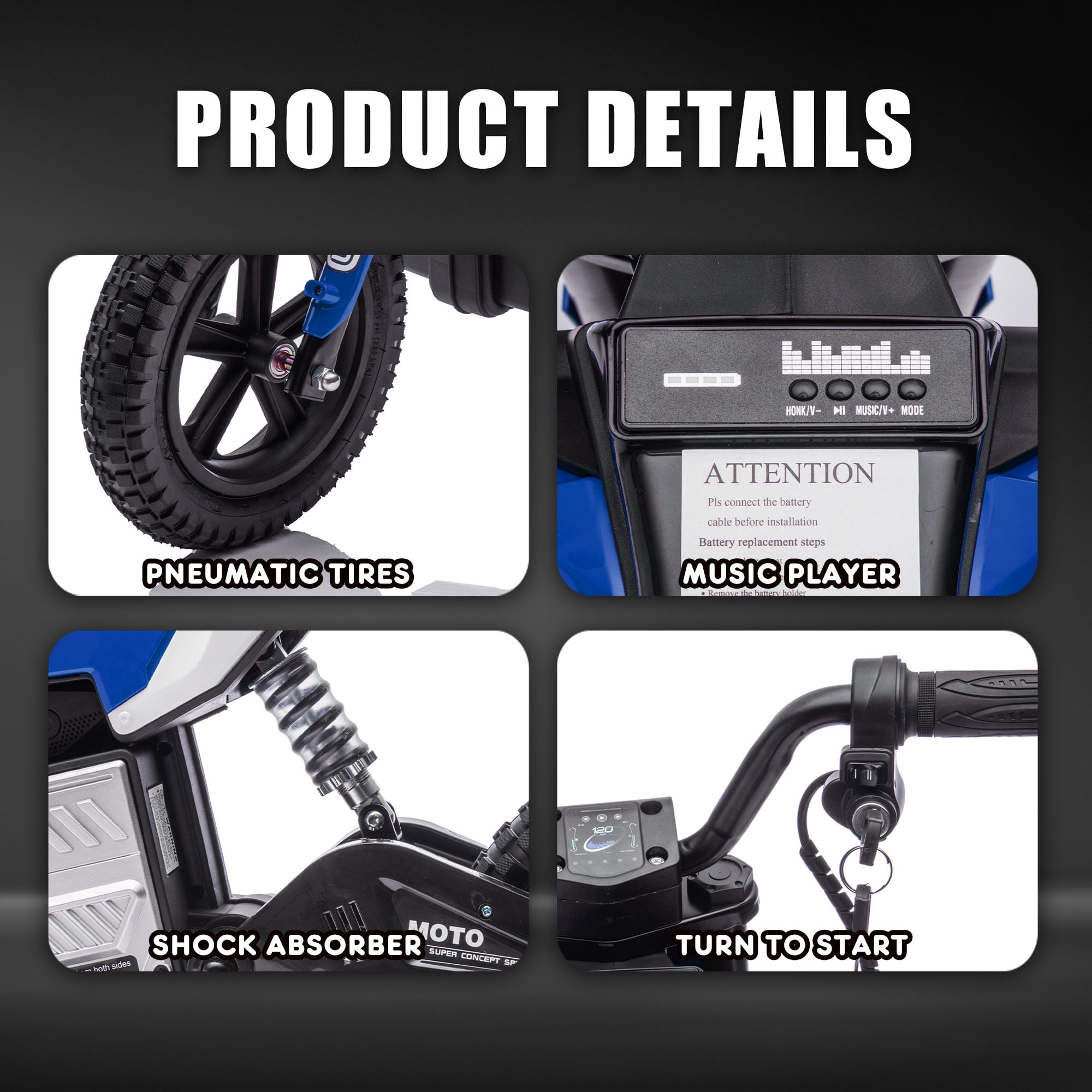 Okybaby 24V Kids Ride On Electric Dirt Bike, 200W High Speed Hub Electric Motorcycle, Max Speed 10MPH, Rear Spring Suspension, Kids Motorbike with Bluetooth&Horn For Kids Aged 5-15,Blue