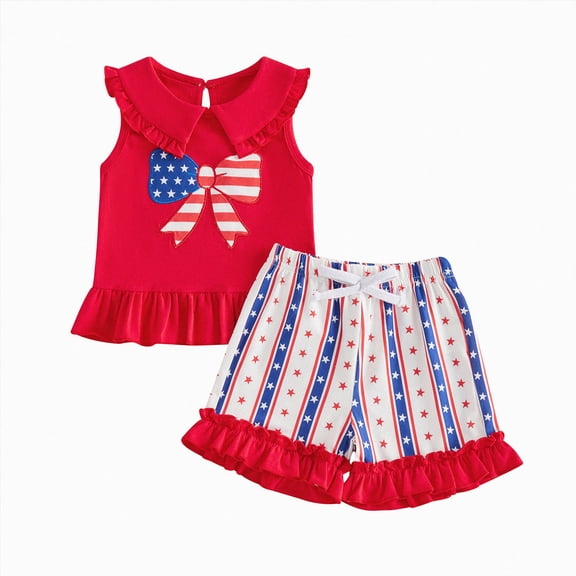 CAUYDY 4th of July Baby Girl Outfits Toddler Summer Fall Clothes American Flag Print Short Sleevel Ruffle Shirt Set Newborn Gift (Sizes 12-18 Months,Red)