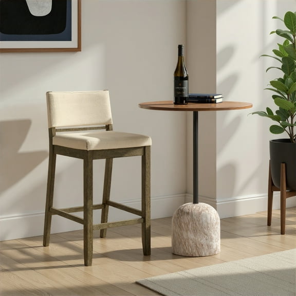 Yaneli Contemporary Natural Wood Bar Height Kitchen Bar Stool in Putty Brown Finish with White Fabric Upholstered Seat