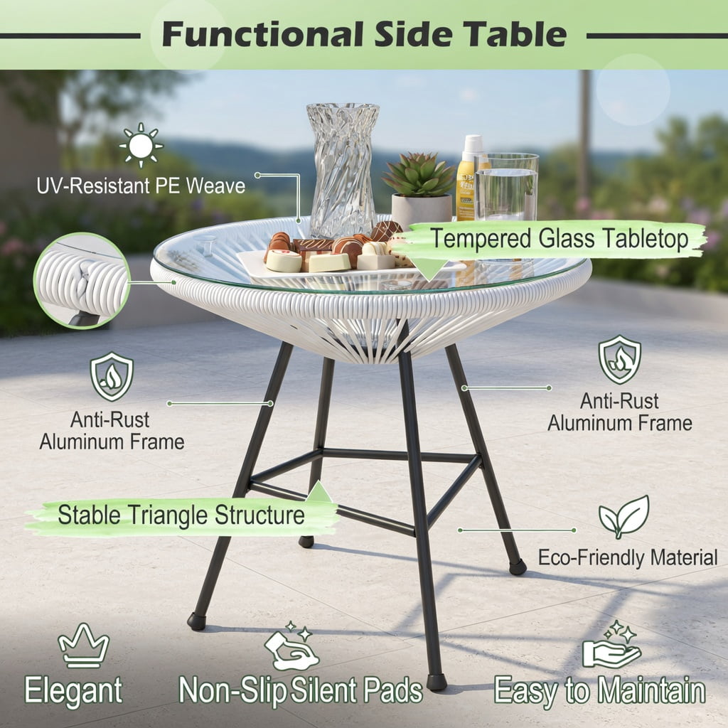 Hommoo 3-Piece Outdoor Acapulco Bistro Set, 2 Ergonomic Rope Chairs + Tempered Glass Table, White