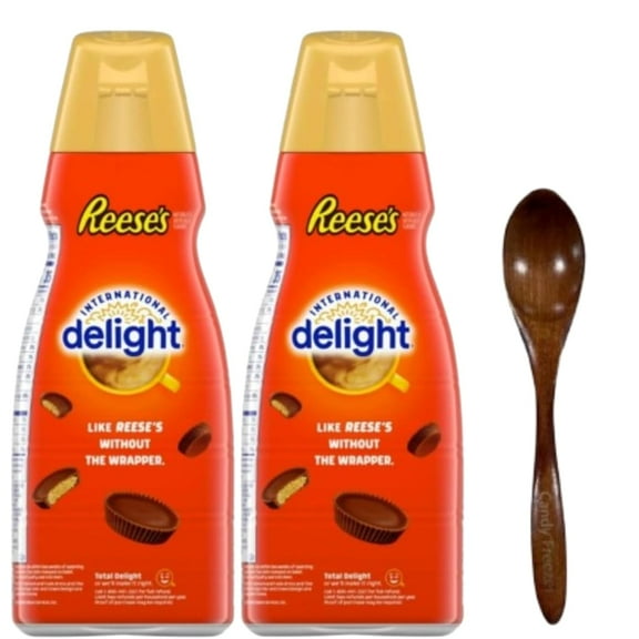 Candy Freezer Int'l Delight Shelf-stable Non-dairy Liquid Coffee Creamer.- Pack of Two (2) 32 fl oz Bottles (Reese Peanut Butter Cup) with Wooden Spoon