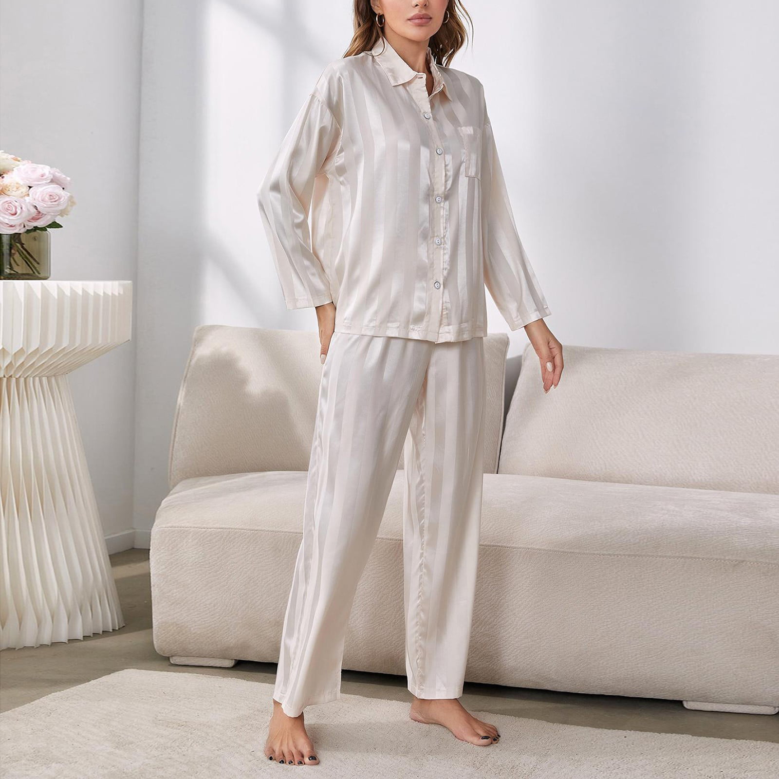 fvwitlyh Cute Pajamas Female Comfortable Popular Stripe Pijamas Woman  Custom Silk Pajamas for
