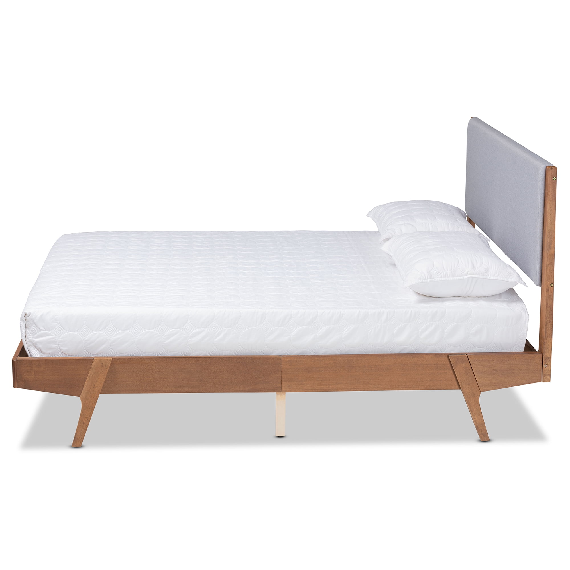 Baxton Studio Sennae Mid-Century Modern Grey Fabric Upholstered and Walnut Brown Finished Wood King Size Platform Bed
