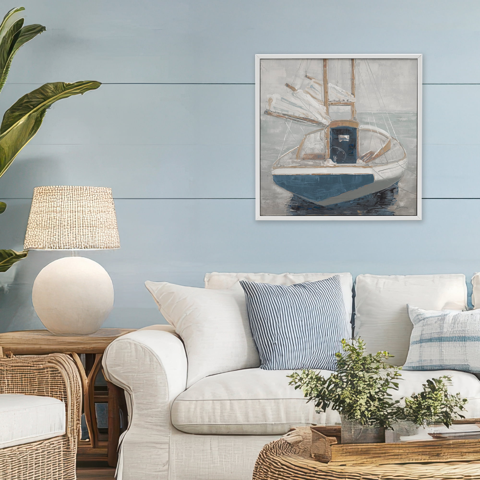 Stupell Industries Serene Harbor Sail Boat White Framed Giclee Art, design by John Burrows