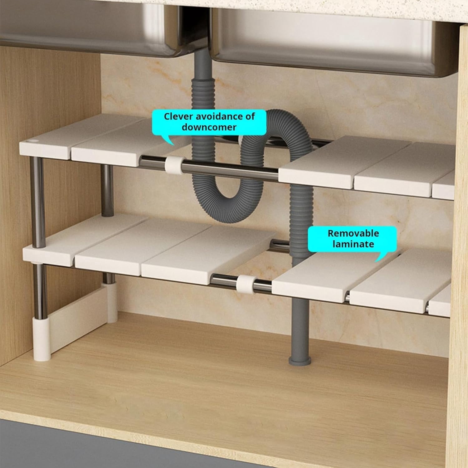 Under Sink Storage Rack, Expandable Kitchen & Bathroom Cabinet Organizer - Durable Space-Saving Multi-Layer Pot Holder
