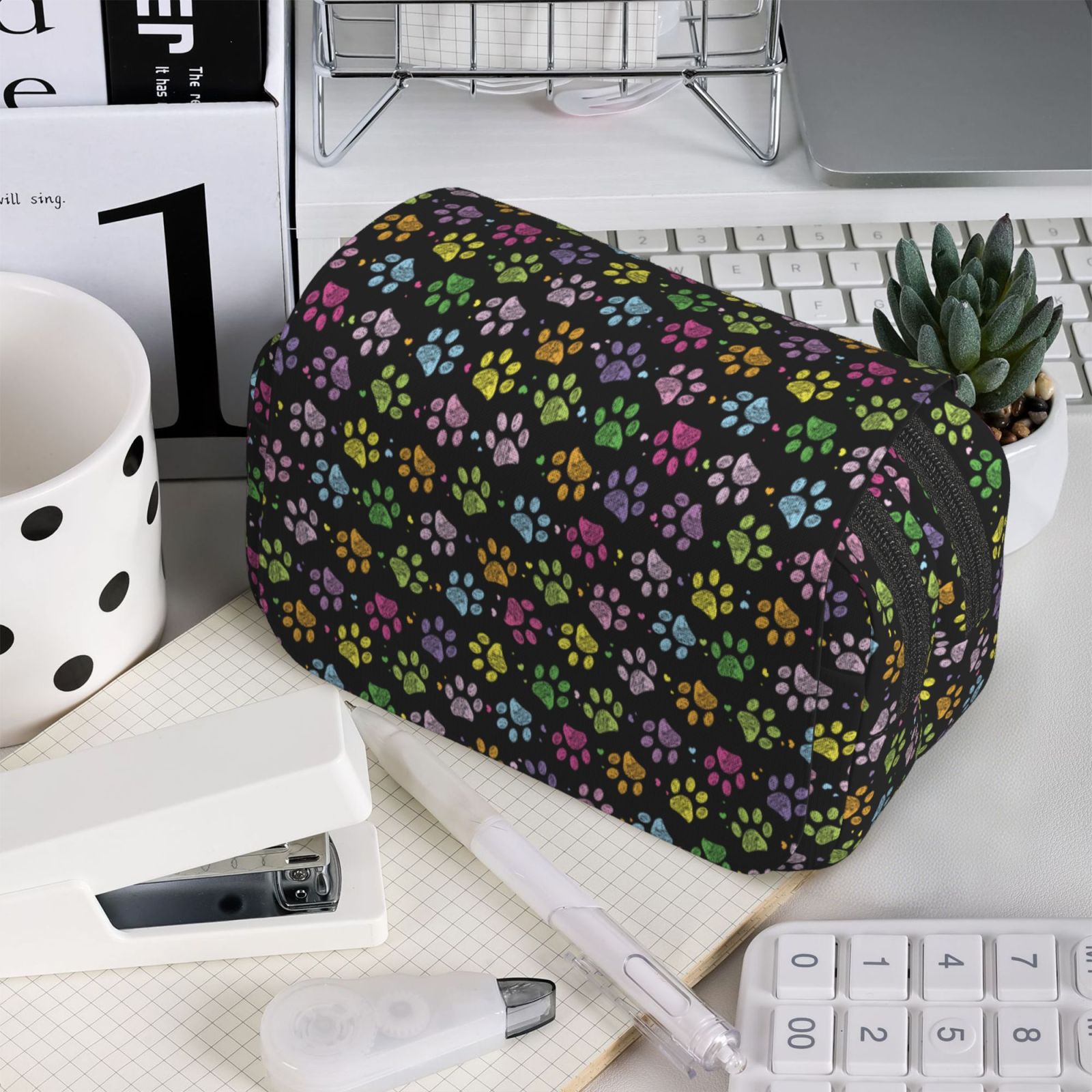 Rateoe Colorful Paw Pattern Double Clamshell Pen Case, Storage Organizer with Two Zipper Compartments– Holds Up to 50 Pencils & Pens