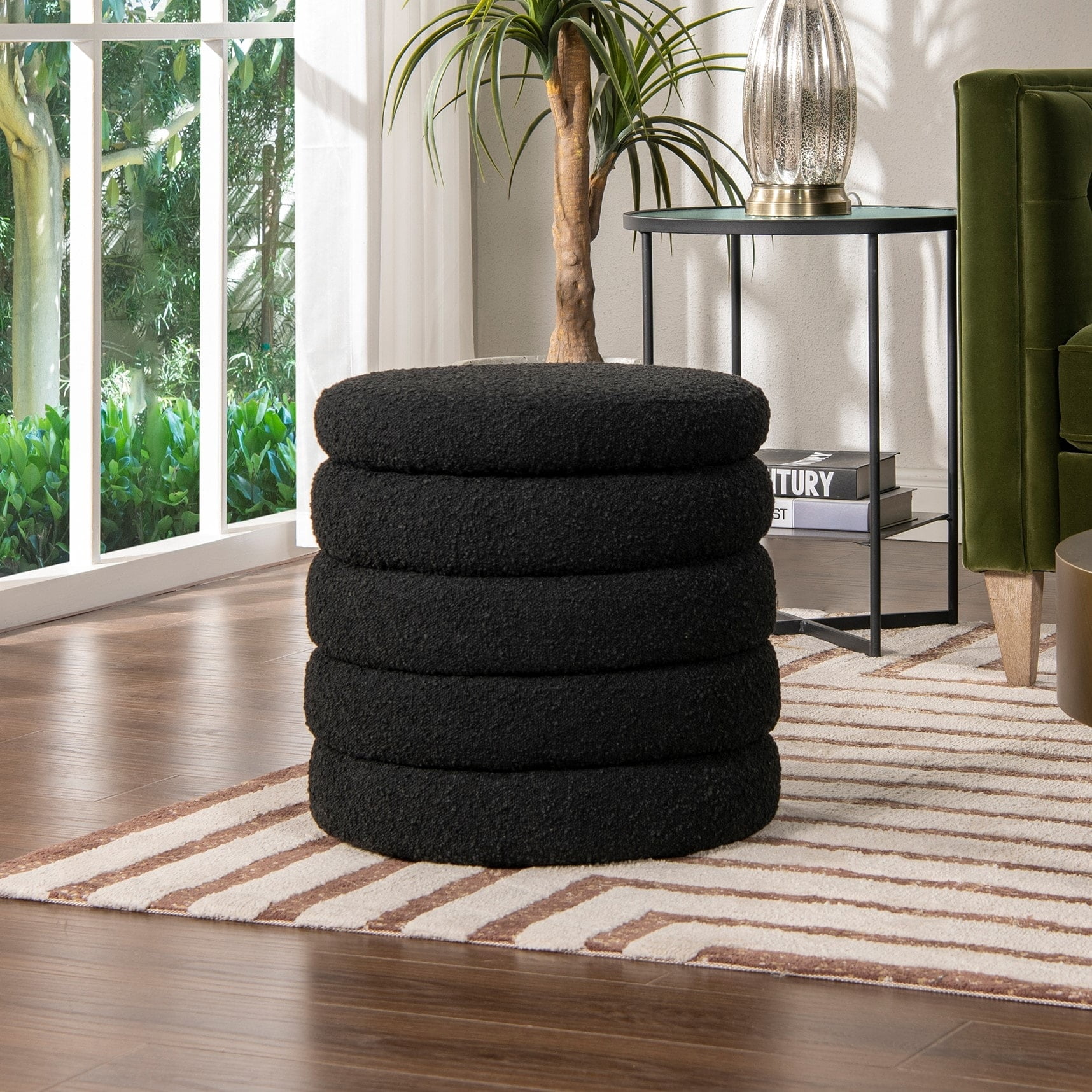 Fuji 19" Oversized Round Storage Ottoman Ebony Black Boucle