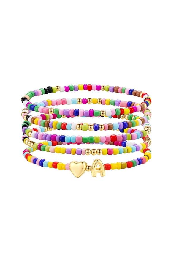 Colorful Boho Beaded Initial Bracelet for Women Dainty Heart Initial Jewelry Birthday Teacher Appreciation Mothers Day Graduation Gifts for Her Mom Kids Teen Girls Wife Ideas