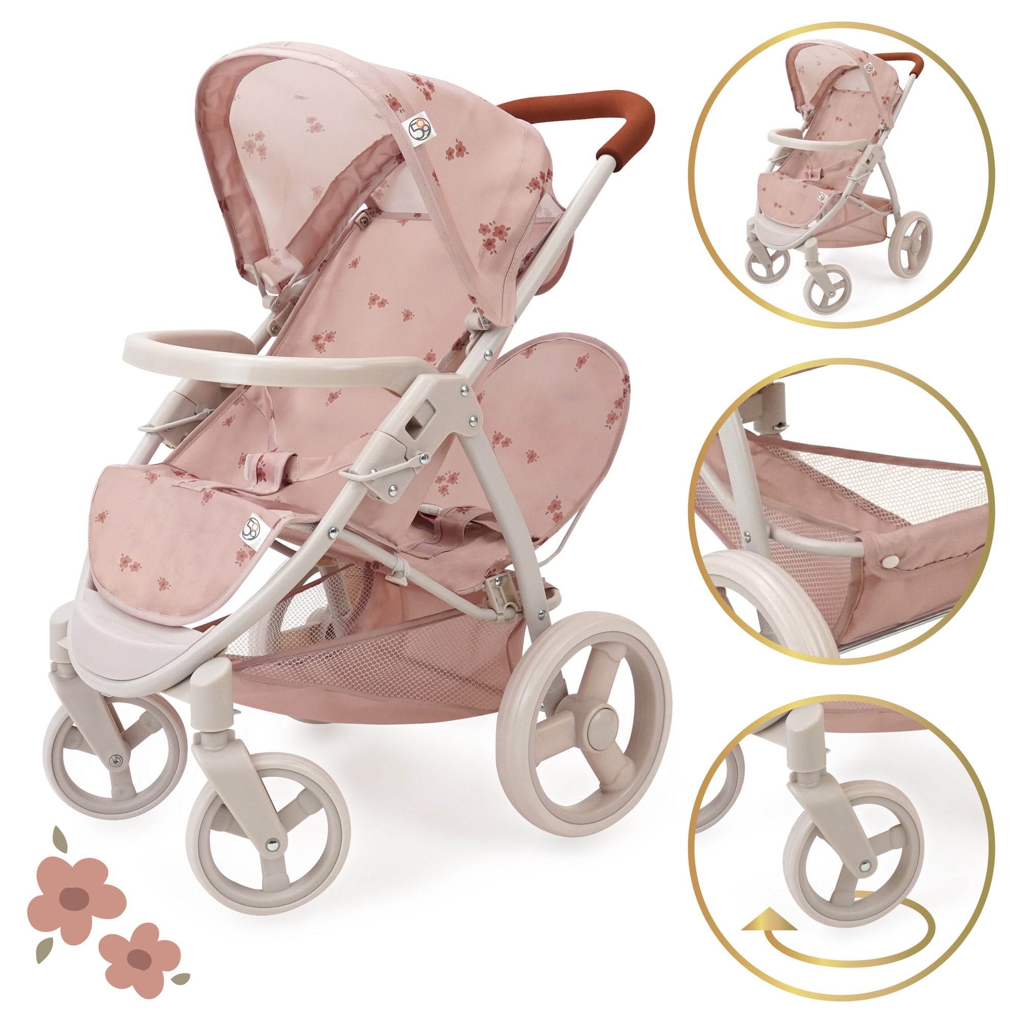509 Crew: Ballet Flora - Mabelle Duo Twin Doll Stroller - Soft Pink & Flowers, Sun Canopy, Storage Basket, Foldable, Doll Care Accessory Toy, Kids 3+