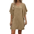 thumbnail image 2 of White Beach Cover up Women's V Neck Batwing Sleeve Swimsuit Cover Up Loose Casual Pullover Ruffle Beach Dress for Summer Vacation Khaki M, 2 of 6