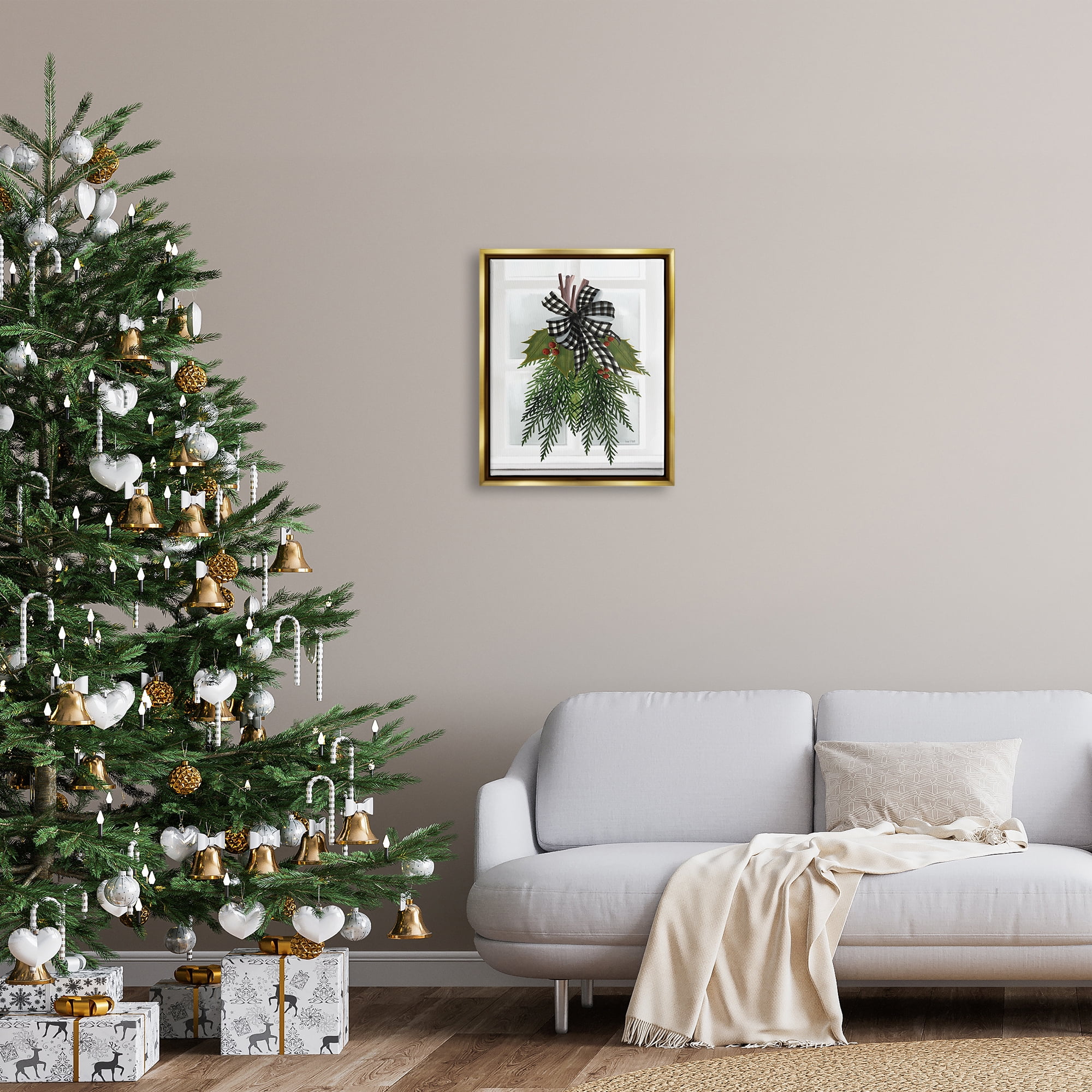 Stupell Industries Hanging Holly Botanicals Mistletoe Seasonal Winter Flowers Graphic Art Metallic Gold Floating Framed Canvas Print Wall Art, Design by House Fenway