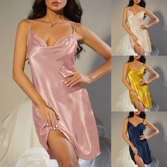 Chroia Women's Satin Cowl Neck Mini Dress - Spaghetti Strap Tie Waist Silky Cocktail Party Dress