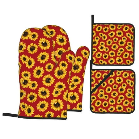 

Oven Mitts and Pot Holders 4 Piece Sunflowers On Red High Heat Slip Resistant Oven Mitt and Trivets Set Kitchen Oven Glove Pot Holders for Cooking Baking Grilling