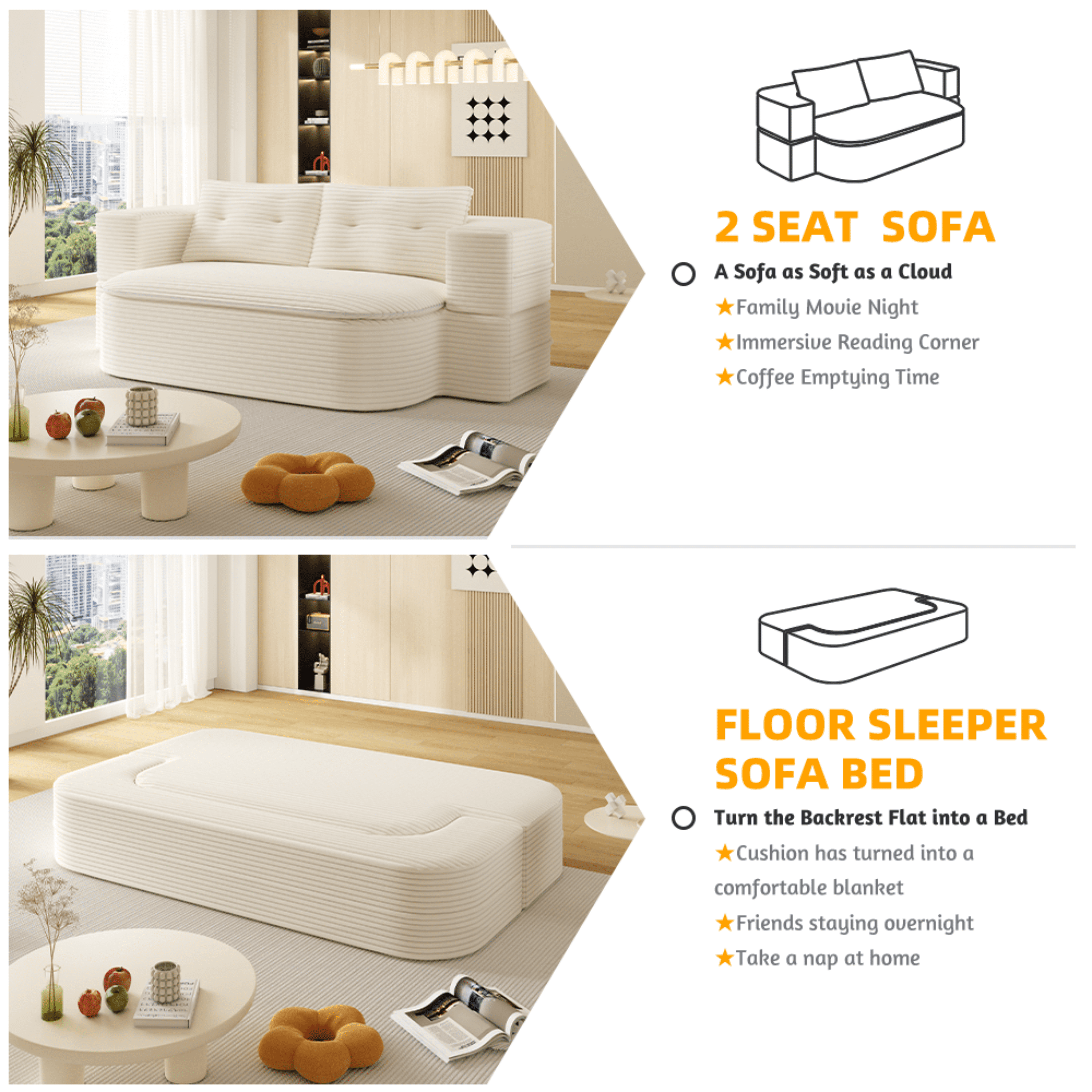 NeoKo 78" Full Size Floor Sofa, Folding Queen Sleeper Couch, Futon Loveseat Sofa, Corduroy Boneless Loveseat Couch, Fold Mattress Bed for Living Room, Guest Use, Office, Apartment, Beige