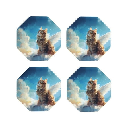 

Drink Coasters Set of 4 Blue Sky Winged Cat Leather Coasters for Coffee Table Protector Heat Resistant Cute Coasters for Home Decor Housewarming Gifts Bar Kitchen 4 Inch Octagon