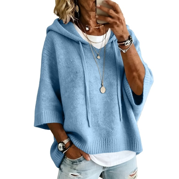 longantii Women's Hooded Knit Tops Soft Solid Color Drawstring Pullover Relaxed 3/4 Sleeve Oversized Knit Sweaters Daily Autumn Casual Loungewear Shirts Blue L