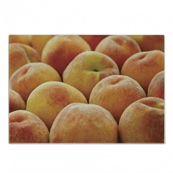 Peach Cutting Board, Close up Photo of Newly Picked Nutritious Fruit in a Market Fuzzy Skin Taste, Decorative Tempered Glass Cutting and Serving Board, Small Size, Orange Yellow, by Ambesonne