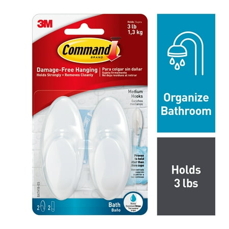 Bath Hook - Command Bath Hook, Frosted, Medium, 2 Hooks, 2 Strips/Pack