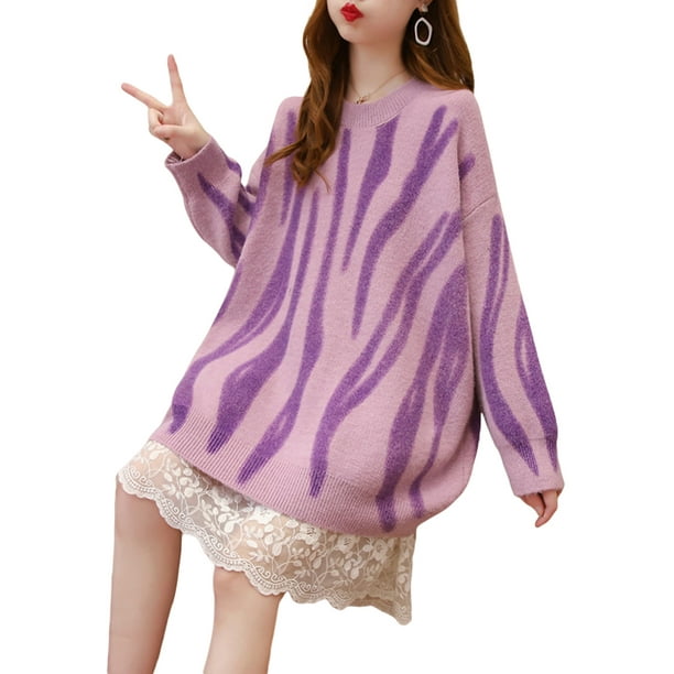 VISgogo Suéter de otoño para mujer, a rayas, cuello redondo, manga larga, tejido, largo, suelto, suéter, tops para niñas, 6 colores VISgogo moda