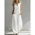 thumbnail image 2 of Women's Linen Jumpsuit Sleeveless V Neck Overalls Loose Button Down Wide Leg Jumpsuits Summer Casual Jumpsuit with Pockets White S, 2 of 6