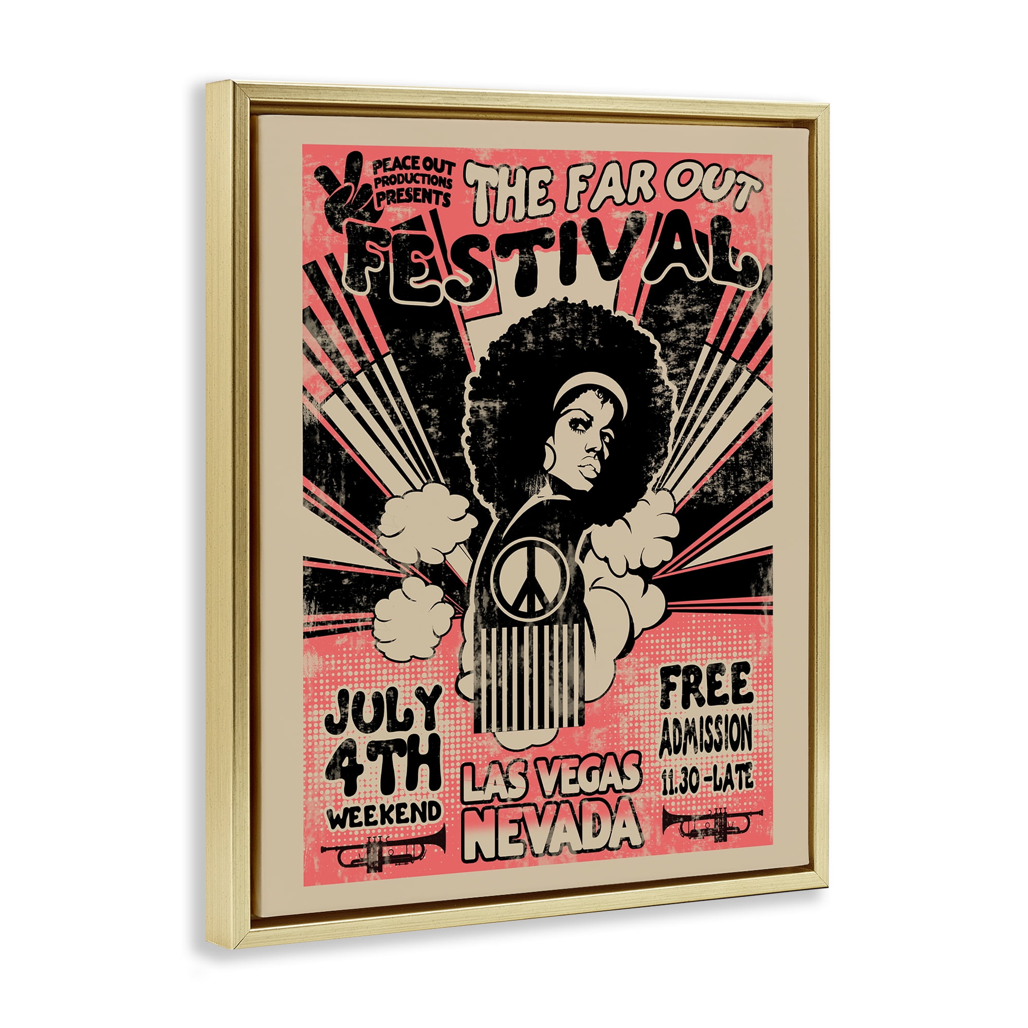 Stupell Industries Retro Far Out Festival Poster Gold Framed Floater Canvas Wall Art, design by Ali Chris