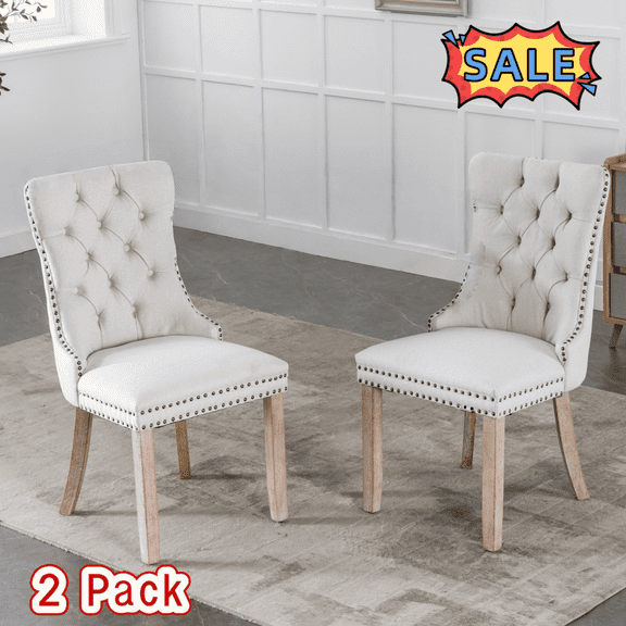 Tcbosik 2 Pack Dining Chairs, Linen Fabric Upholstered Side Chair with Wood Legs and Padded Seat, Modern Accent Chair with Button Tufted Back for Living Room, Kitchen, Beige & Natural
