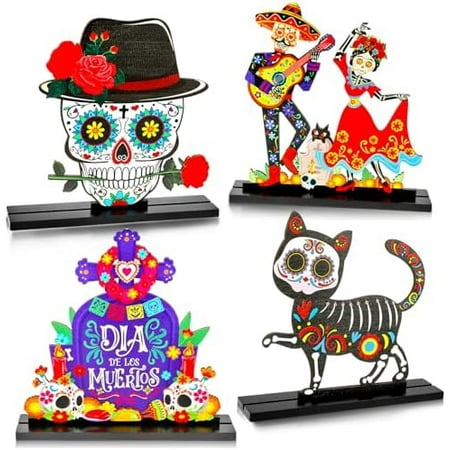 4-Pc Day of the Dead Table Decor: Wooden skeleton (sugar skull) — altar centerpiece; Dia De Los Muertos supply. $Electronics Accessories