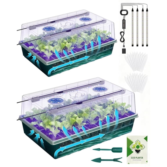 2PCS 120 Cell Seed Starter Tray Kit with Grow Light Humidity Dome,120-Cell Self-Watering Large Plant Seedling Tray, 3 Color Growing Light, Seed Starting Trays for Plant Germination(2PCS, 120 Cell)