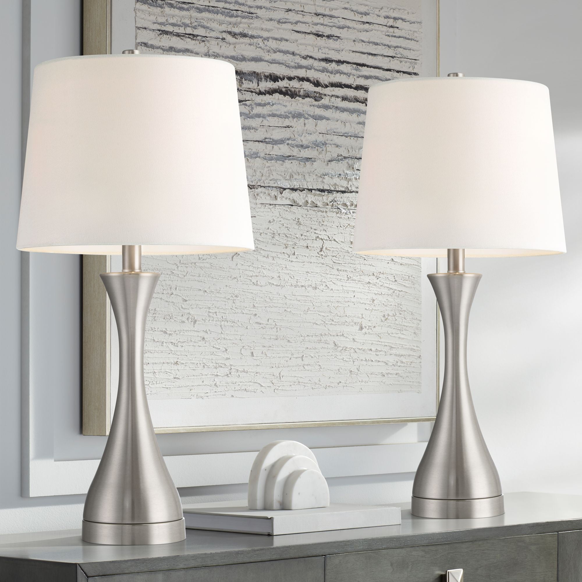 Possini Euro Design 32" Tall Gourd Table Lamps, Set Of 2 - Brushed Steel With White Drum Shades