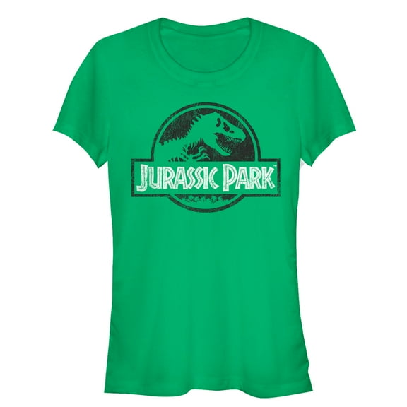Junior's Jurassic Park Vintage Black and White Logo  Graphic Tee Kelly Green Small