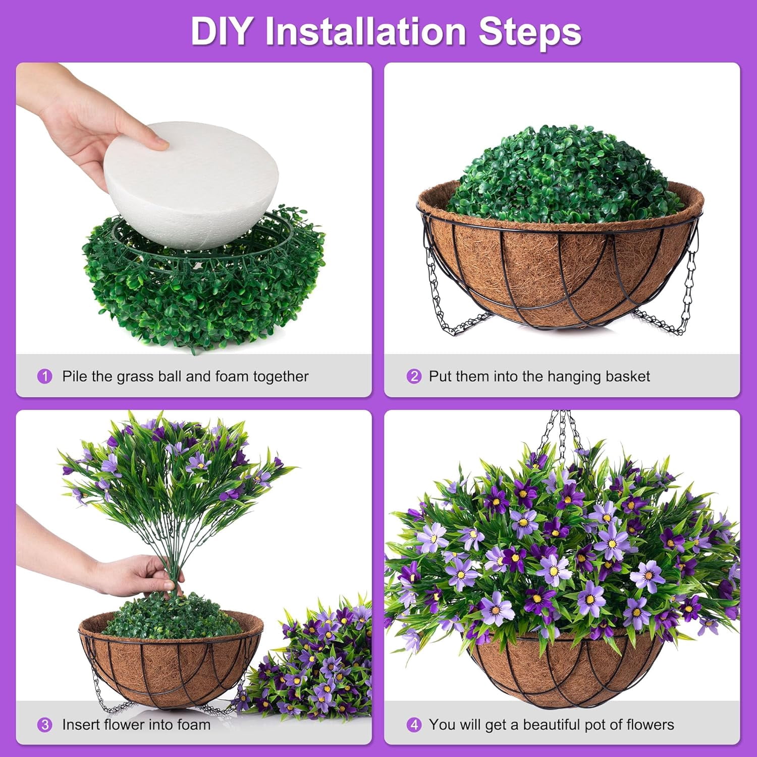 Artificial Hanging Flowers with 12" Basket for Outdoor Decor, Faux Silk Daisy Flower UV Resistant Plants Arrangements Decoration for Indoor Porch Garden Yard(Purple)