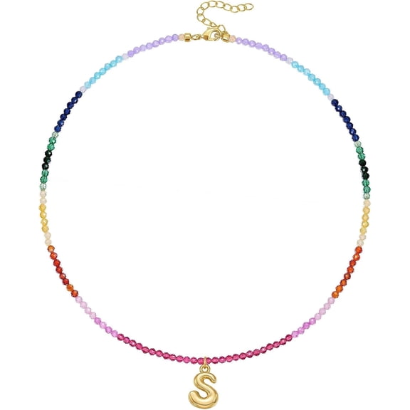 Beaded Initial Necklace for Women, 14K Gold Plated Bubble Letter Pendant Colorful Summer Beach Jewelry