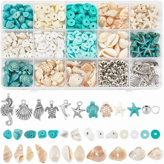 1 Box About 740Pcs Blue White Clay Beads Ocean Vacation Turquoise Turtle Shells Bracelet Making kit Ocean Animal Starfish Beads Flat Round Beads Summer Sand Beads Kit for Jewelry Making