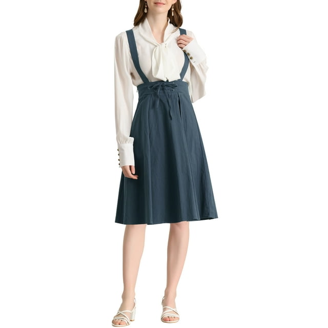 Unique Bargains Jupe Midi Plissée à Bretelles Rétro à Taille Élastique pour Femme Bleu Foncé L