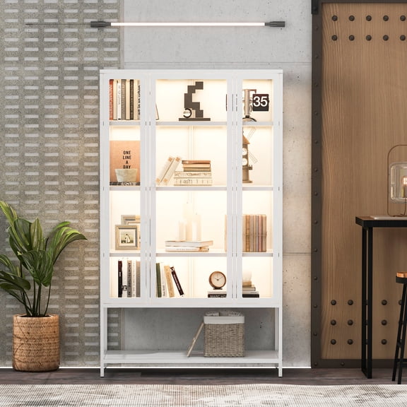 DRNANLIT 67.25'' Tall Iron Display Cabinet with Glass Door and LED Lights, Steel Curio Cabinet for Collectibles Figures Trophies, 3-Sided Glass Display Case for Home Office Study Room, White