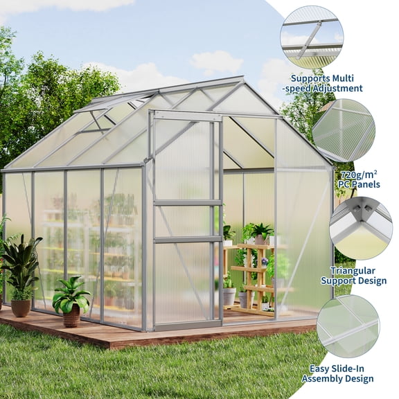 Spacious Polycarbonate Walk-In Greenhouse 6x8 FT – Heavy Duty Aluminum Frame, Sliding Door, Adjustable Roof Vent – All-Season Garden/Backyard Plant House – 5-Original Color
