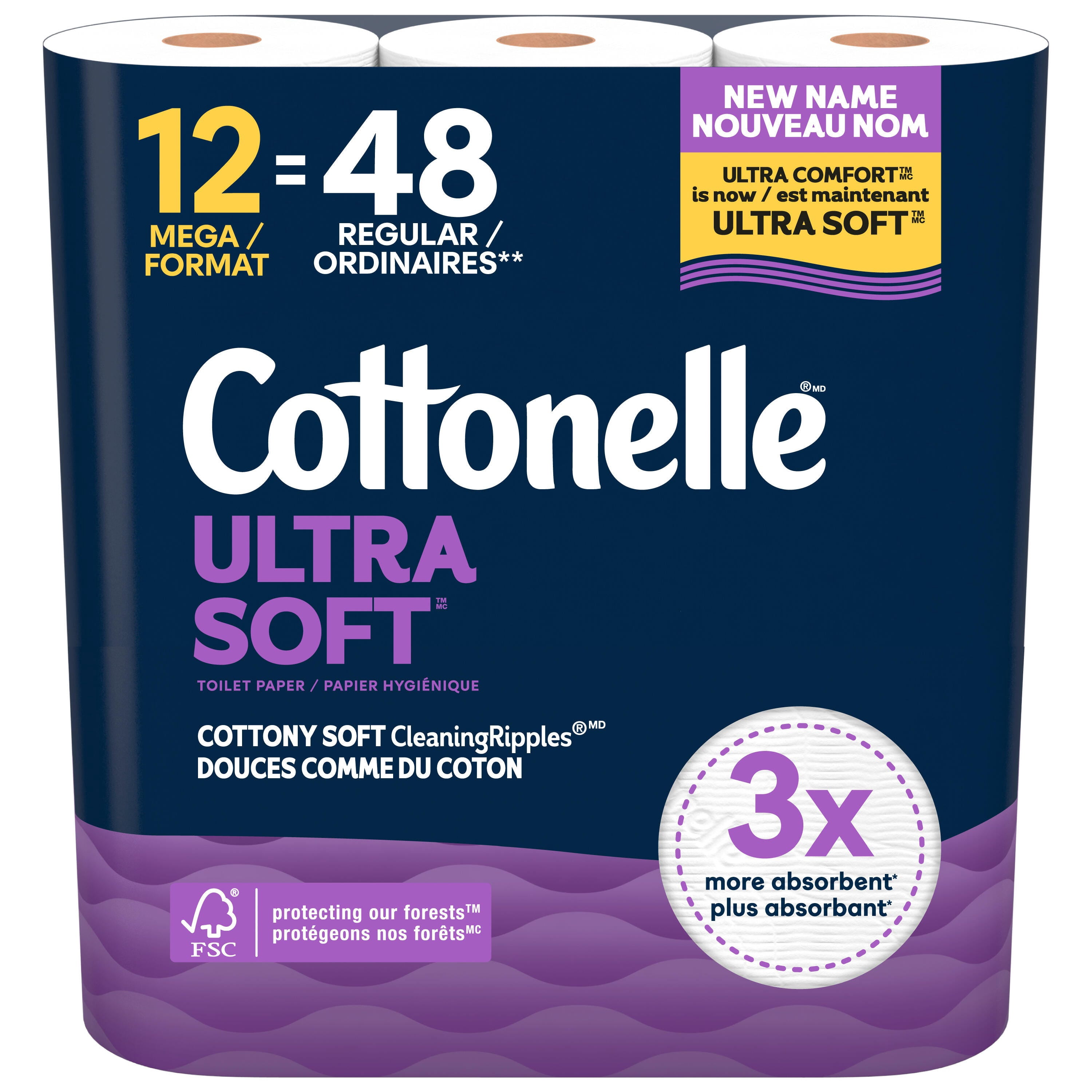 Papier hygiénique Cottonelle Ultra Soft, papier hygiénique résistant, 12 méga rouleaux