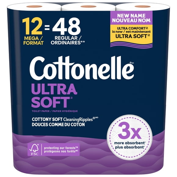 Cottonelle Ultra Soft Toilet Paper, Strong Toilet Tissue, 12 Mega Rolls