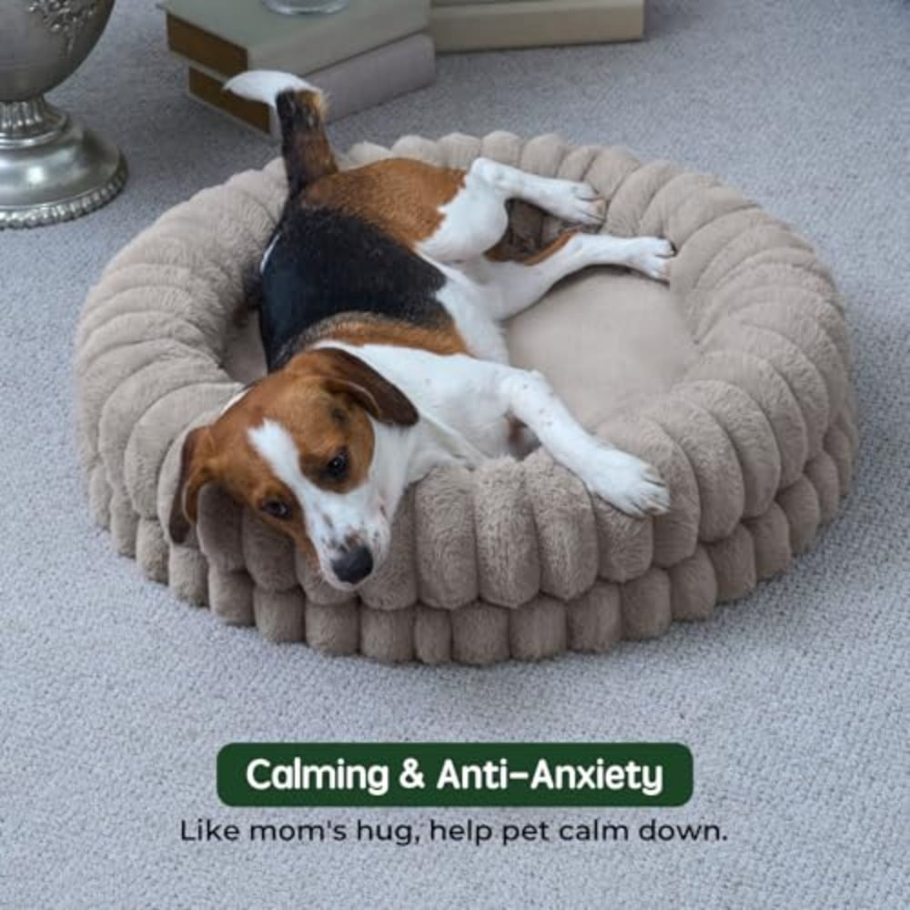 Luxury Donut Dog Bed, 30 Inches Round Dog Bed Medium Size Dogs Washable, Orthopedic Calming Dogs Bed for Pets with Anti-Slip Bottom, Oatmeal