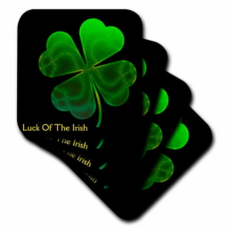 

3dRose Text Luck of The Irish. Chic clovers (green) on black background Soft Coasters set of 8