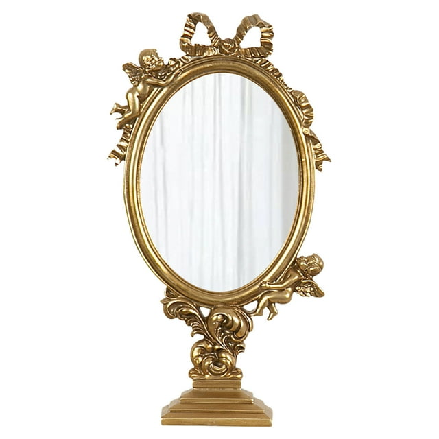 Coiffeuse en Résine Sculptée Ange avec Cadre Doré Élégante Table de Maquillage et Plateau de Maquillage