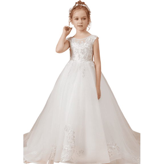 Flower Girl Dresses for Wedding Floor Length First Communion Dress Applique Girls Pageant Ball Gown Ivory 2 -3Years