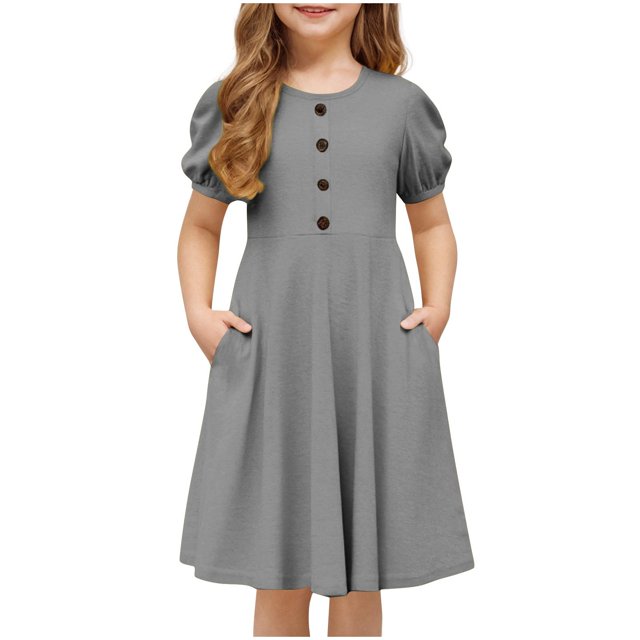 DecSea Girls A-line Ruffled Dress with Bubble Sleeve, Crew Neck & Decorative Button Outfit