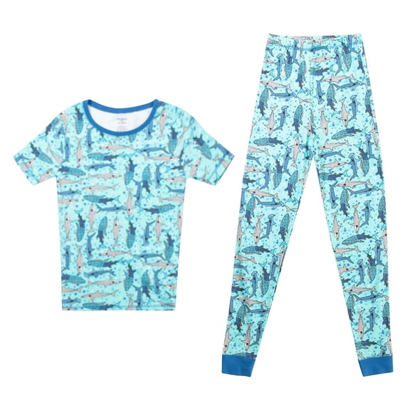Prince of Sleep Pajamas for Boys Snug-Fit Cotton Boys PJ Set Short Sleeve Tee & Jogger Pant (Blue - Sharks Short Sleeve With Pant, 10-12 Years)