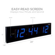 Ivation 24 Inch Digital Wall Clock with Large Display, Battery Backup, and Remote - Blue