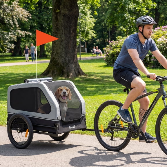 PawHut Dog Bike Trailer, Dog Cart Bicycle Carrier for S & M Dogs, Universal Bicycle Coupler, Flip-Down Ramp Tailgate, Support Up to 44 lbs, Gray