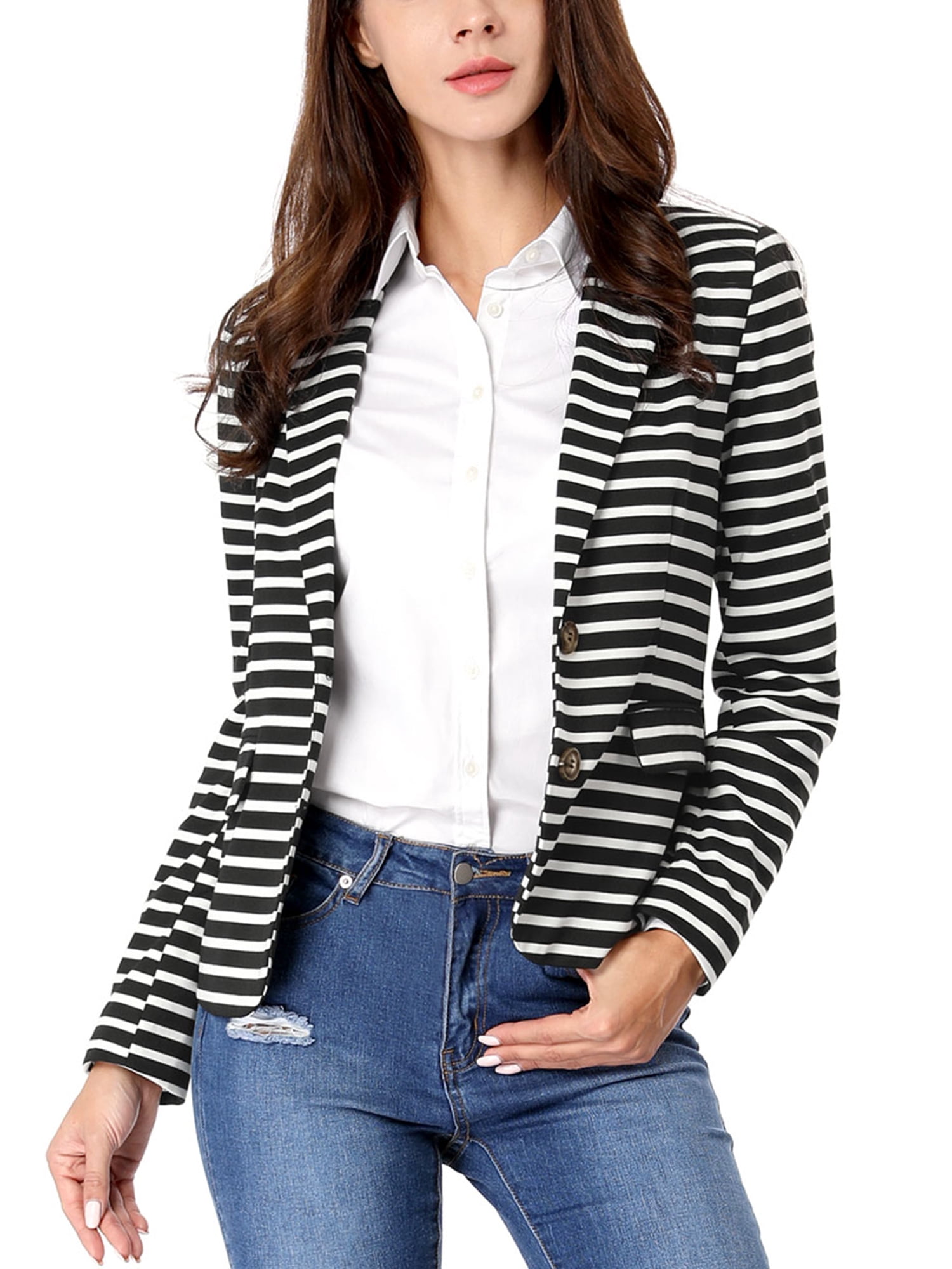 DARING DIVA Women's Striped Notched Lapel Button Closure Blazer L Black