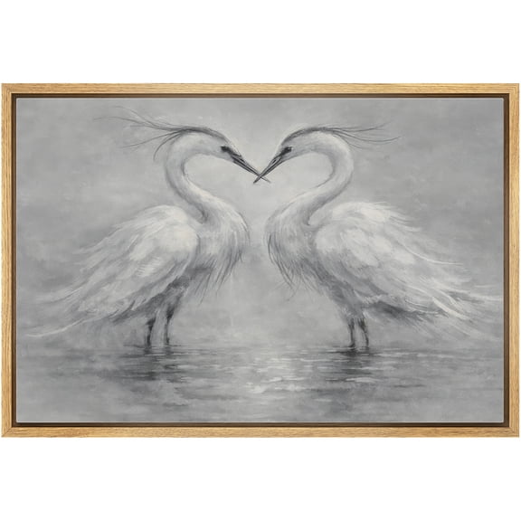 Framed Canvas Print Wall Art Egrets in a Loving Embrace Vintage Animal Art for Living Room, Bedroom, Office - 16"x24" NATURAL