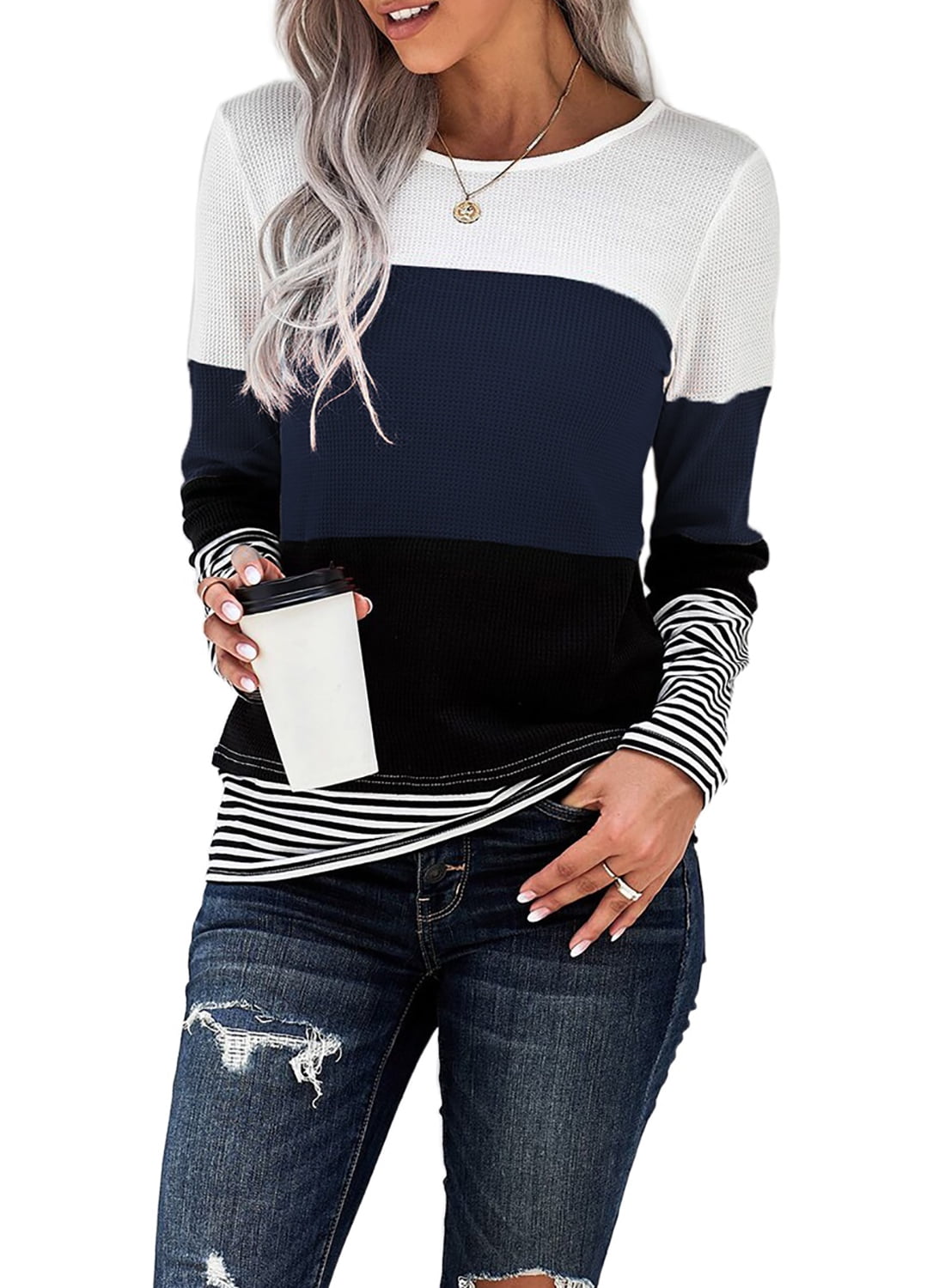 Women Casual Long Sleeve Patchwork Pullover Blouse T-Shirt Crew Neck Sweatshirts 