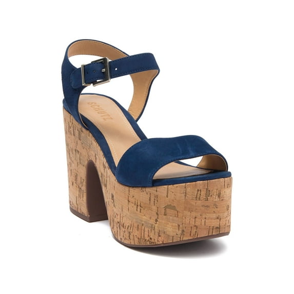 Schutz Glorya Ankle Buckle Open Toe Heeled Platform Sandal Blue Suede Pump